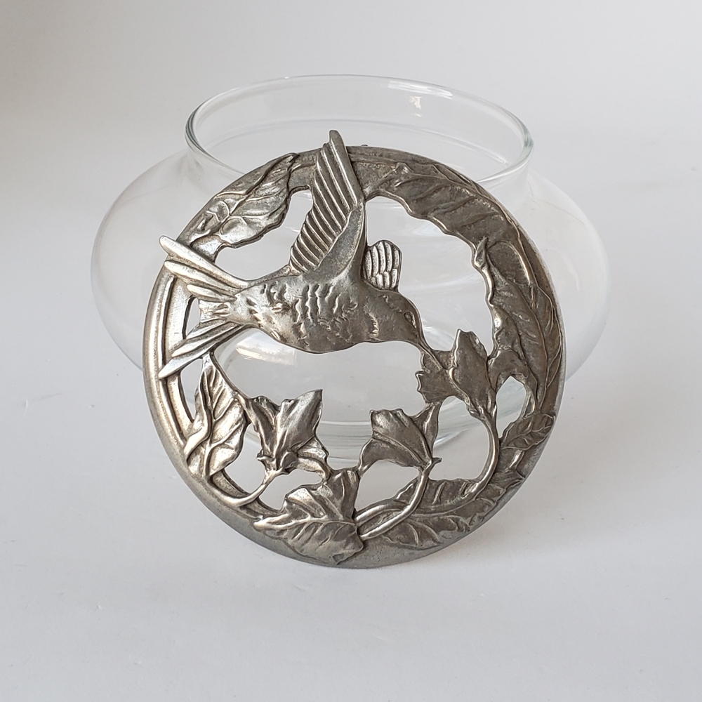 Vintage 1988 Seagull Pewter Lidded Glass Potpourri Jar Hummingbird Design 🇨🇦